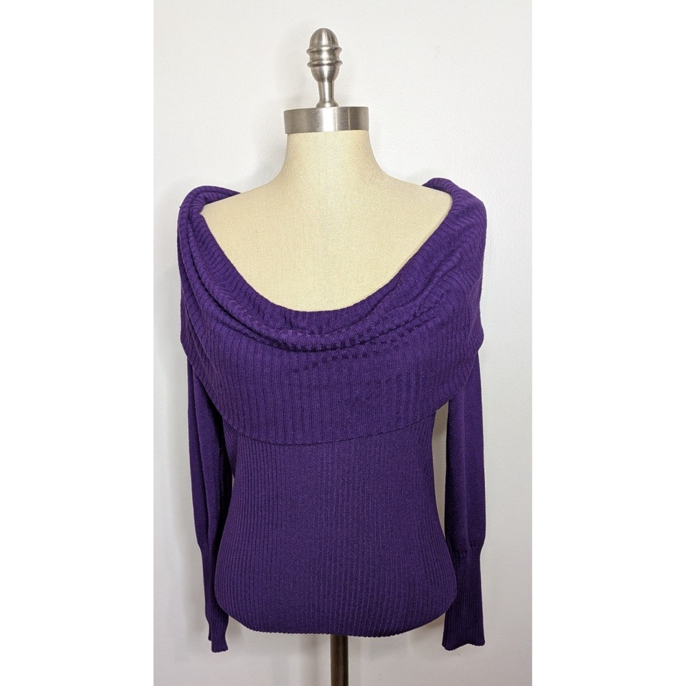 VTG Womens Off-Shoulder Ribbed Cowl Neck Sweater Blouson Sleeve Size L Purple